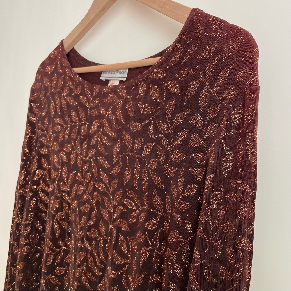 Vintage August Max Brown & Gold Leaf Patterned Long Sleeve Blouse Size 18W